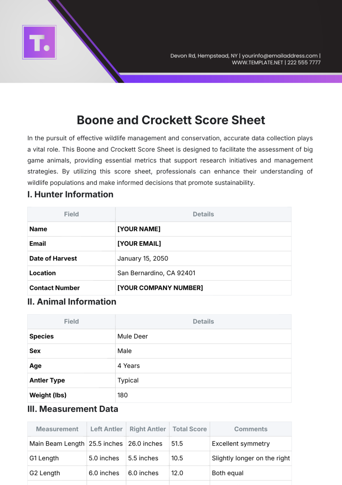 Boone and Crockett Score Sheet Template