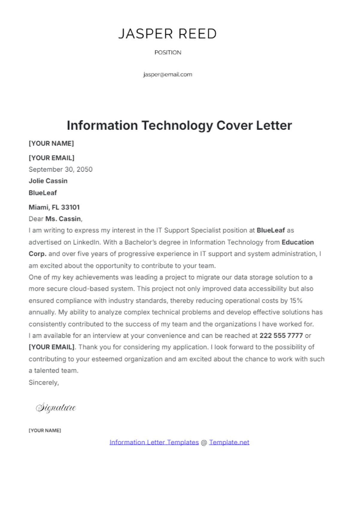 Information Technology Cover Letter Template - Edit Online & Download