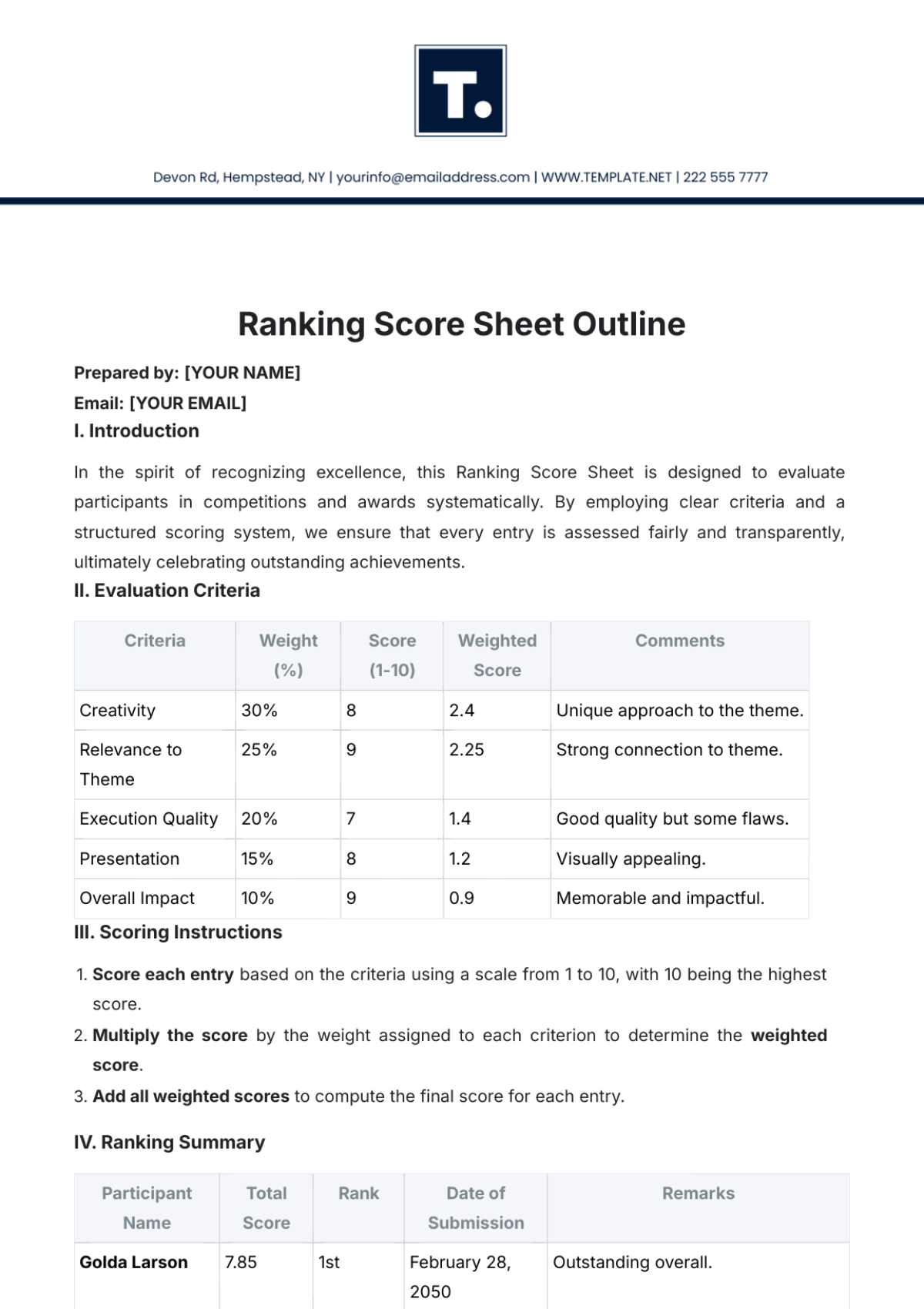 Ranking Score Sheet Outline Template