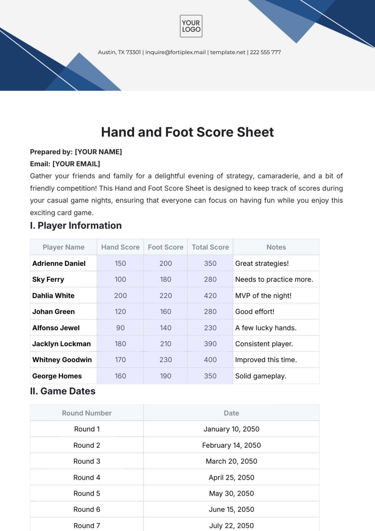 Hand and Foot Score Sheet Template