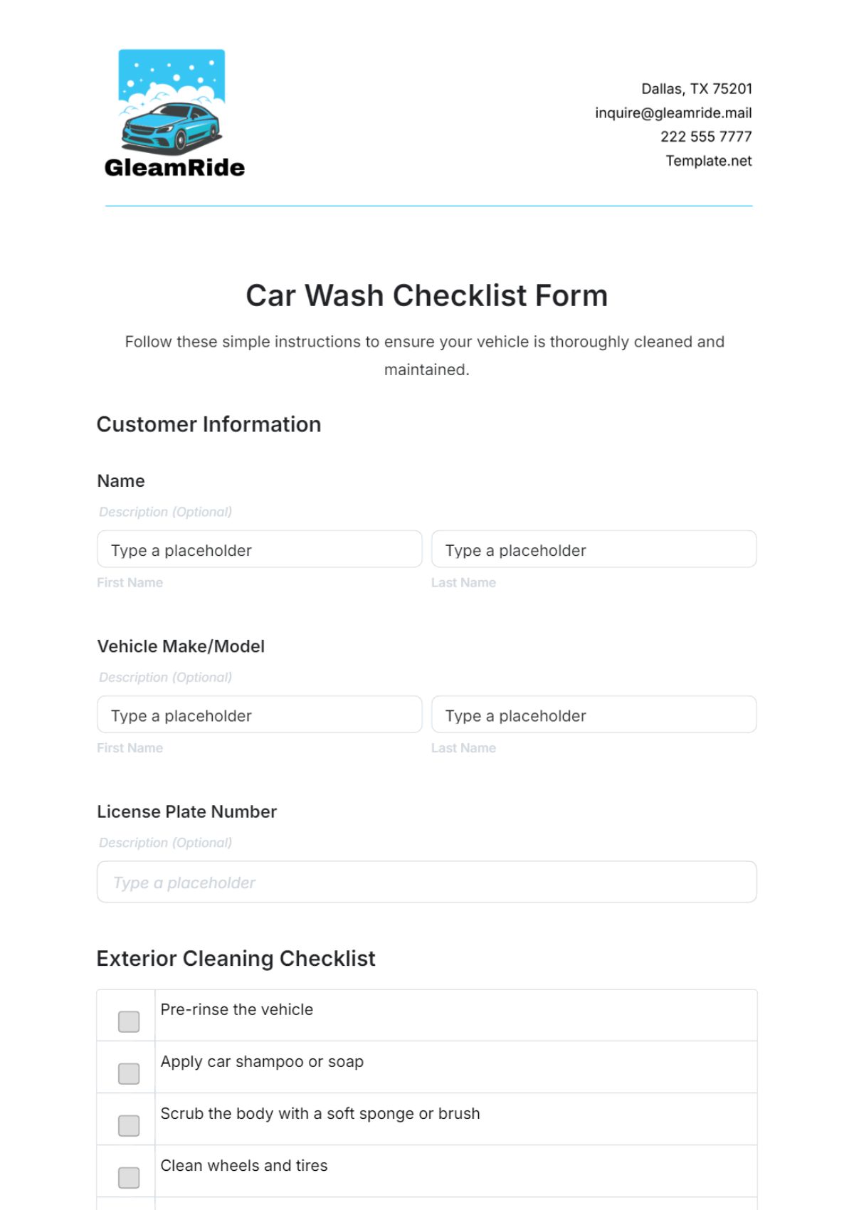 Car Wash Checklist Form Template - Edit Online & Download