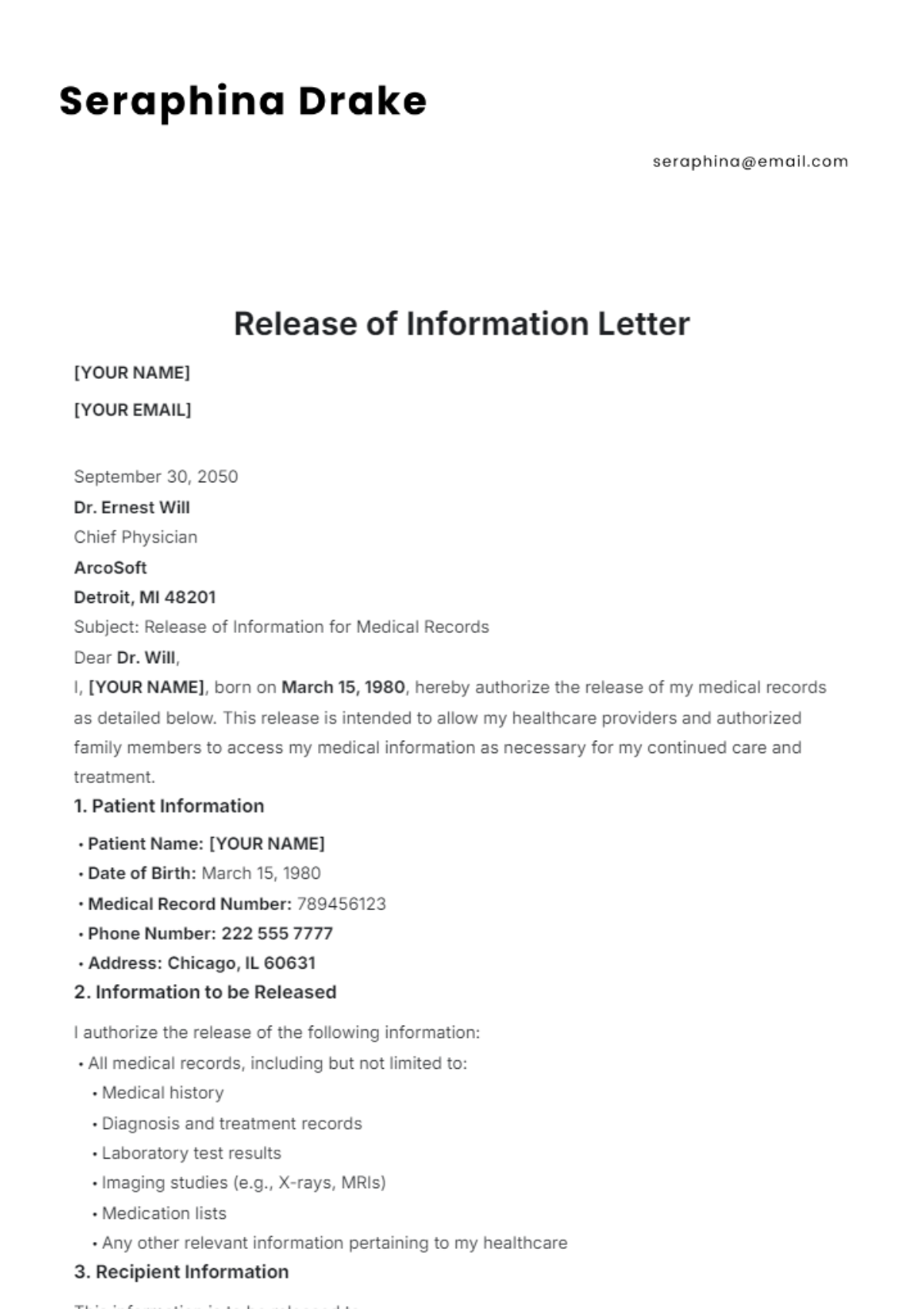 Release of Information Letter Template - Edit Online & Download