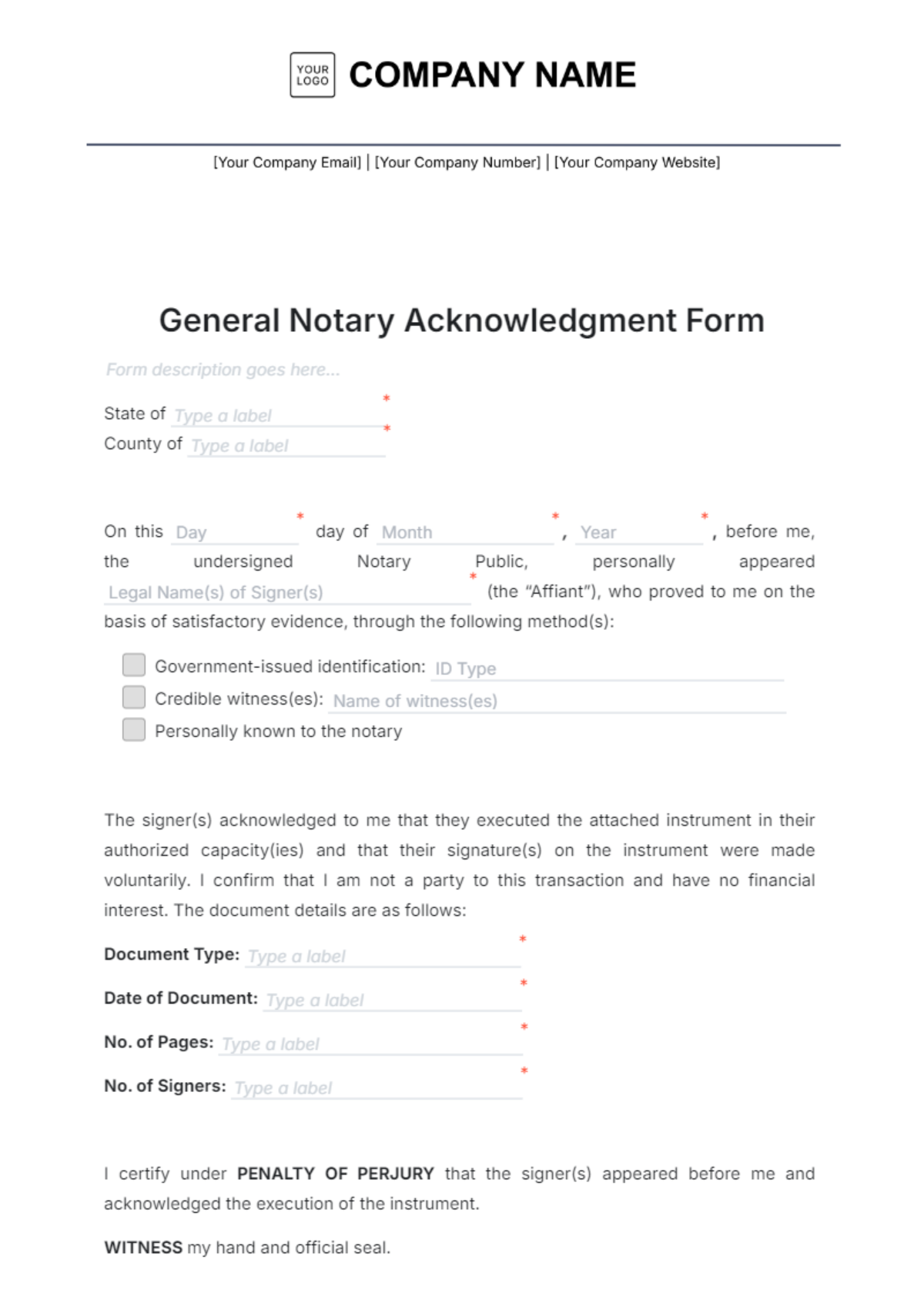 General Notary Acknowledgment Form Template