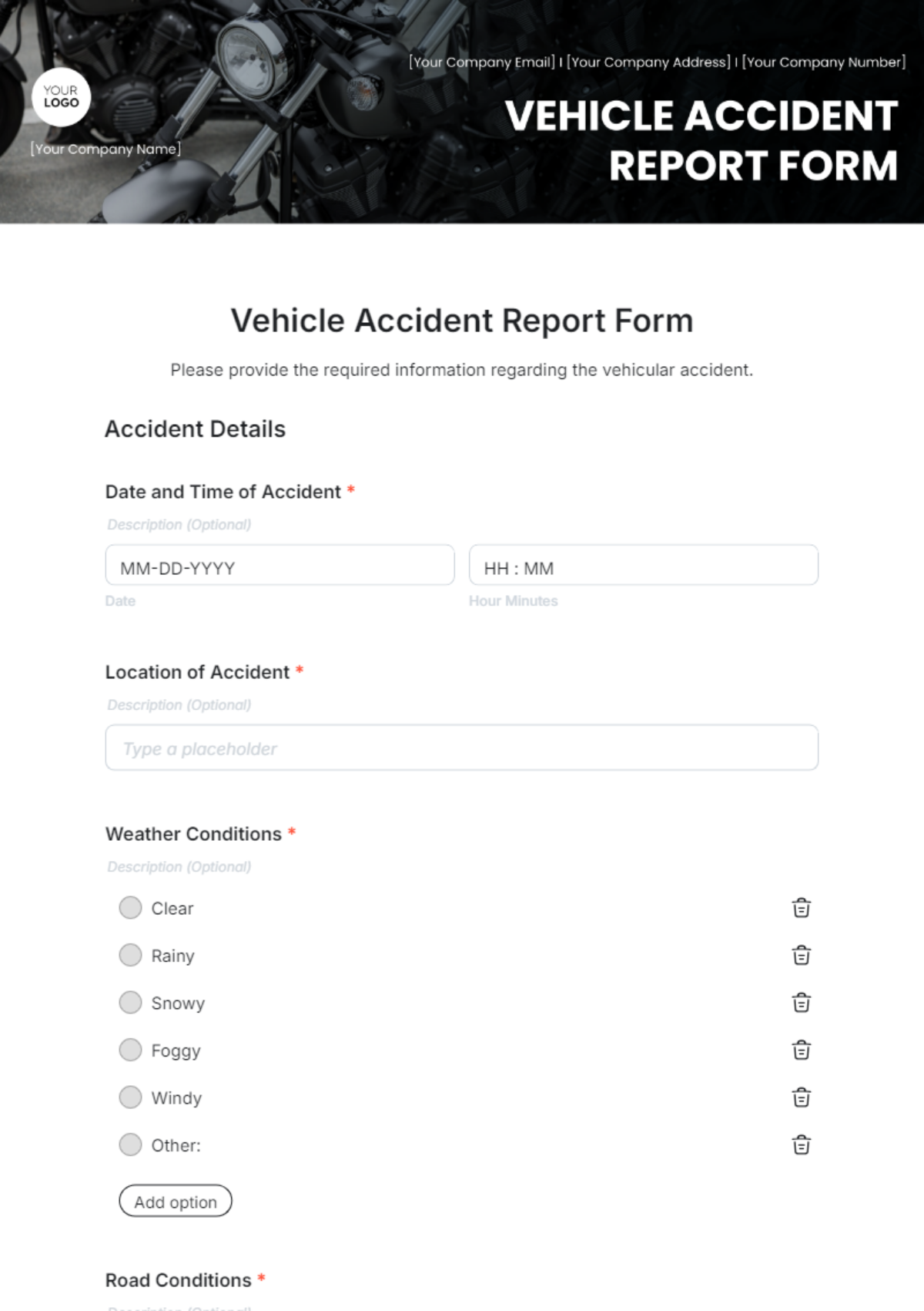 Vehicle Accident Report Form Template