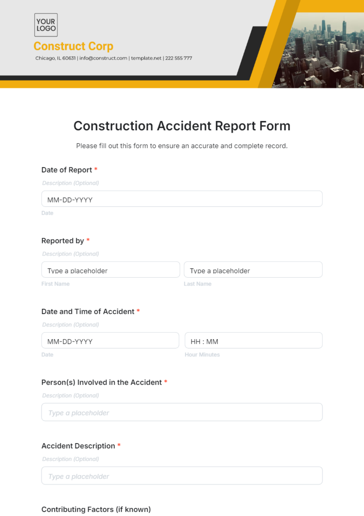 Construction Accident Report Form Template