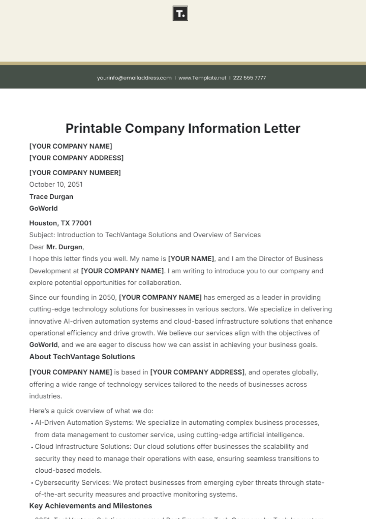 Free Printable Company Information Letter Template to Edit Online