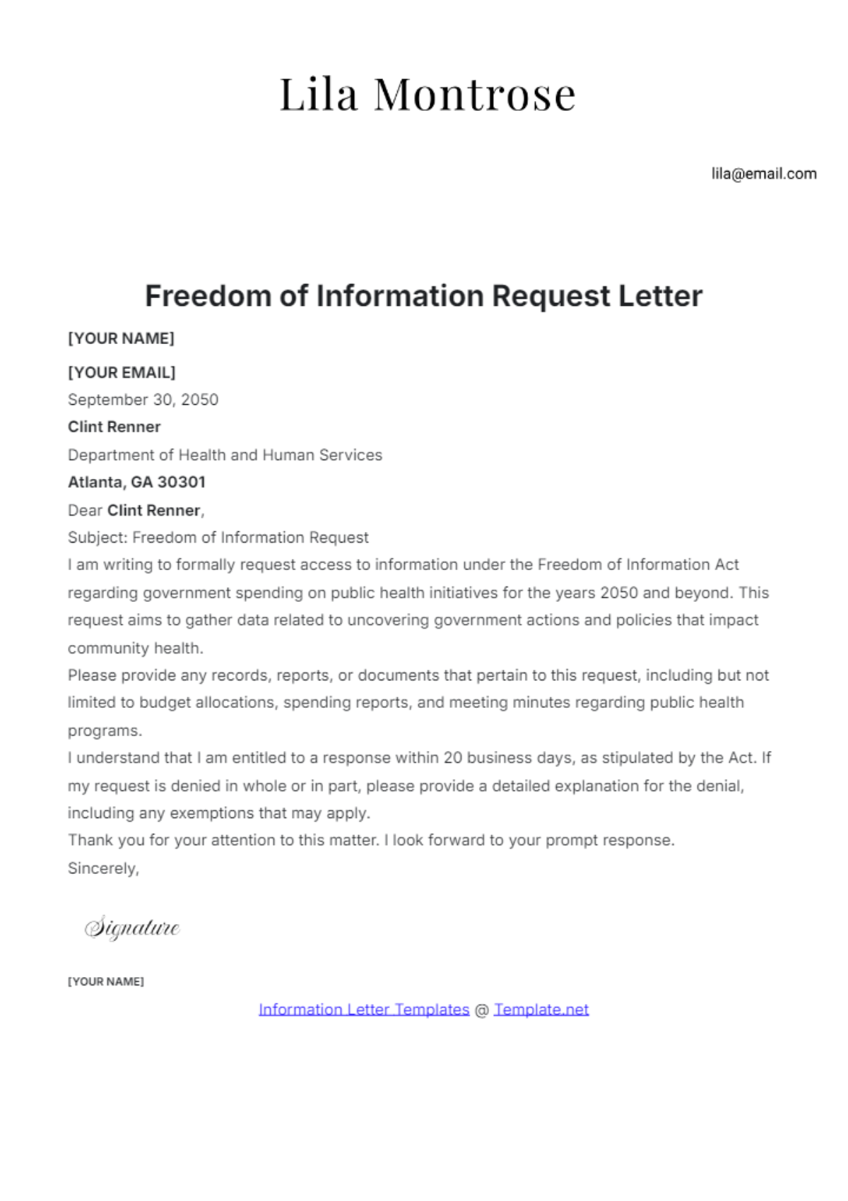 Freedom of Information Request Letter Template to Edit Online