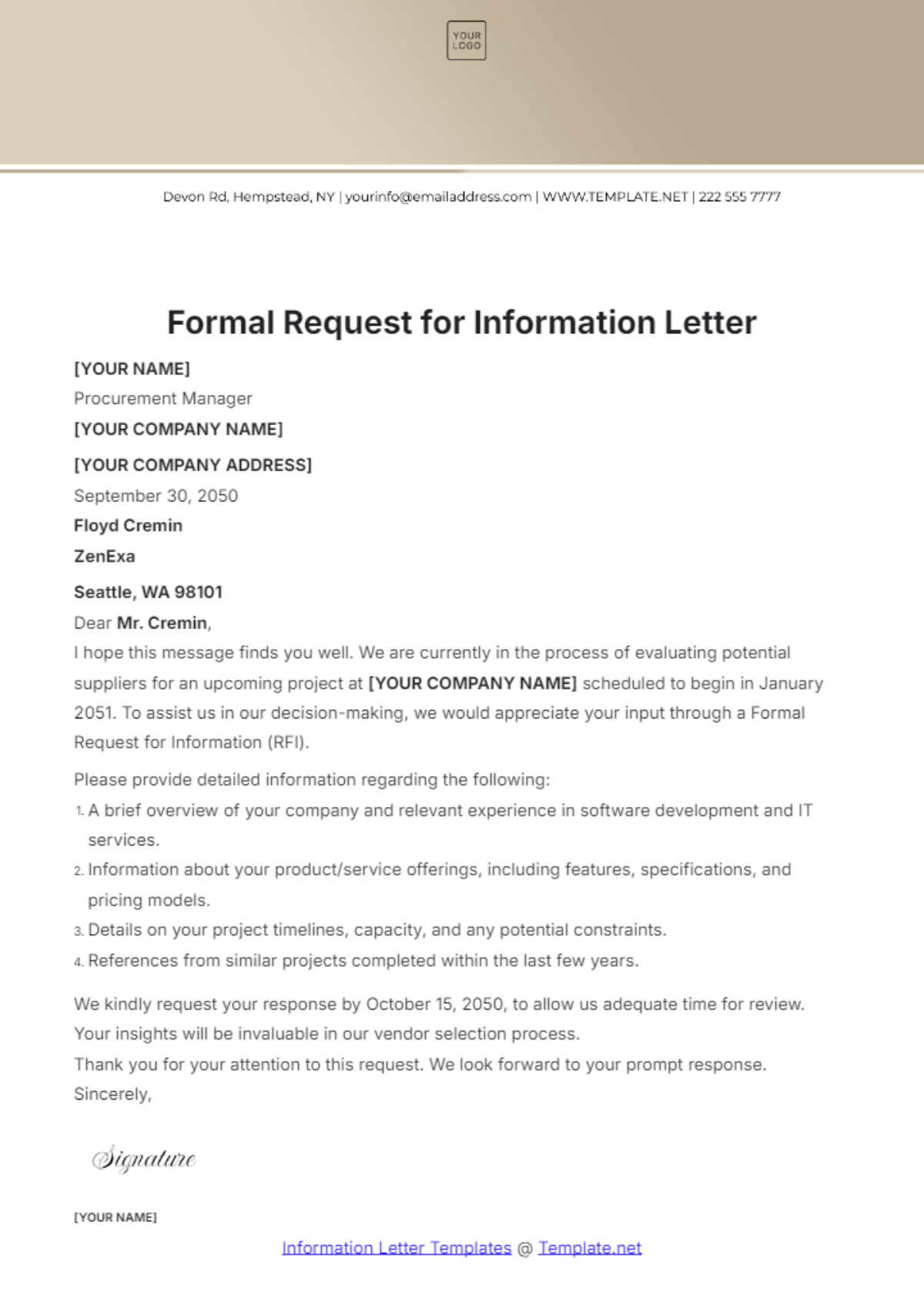 Formal Request for Information Letter Template - Edit Online & Download