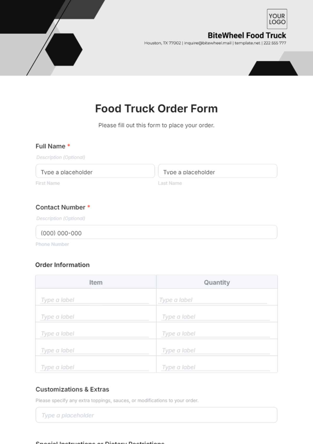 Food Truck Order Form Template - Edit Online & Download