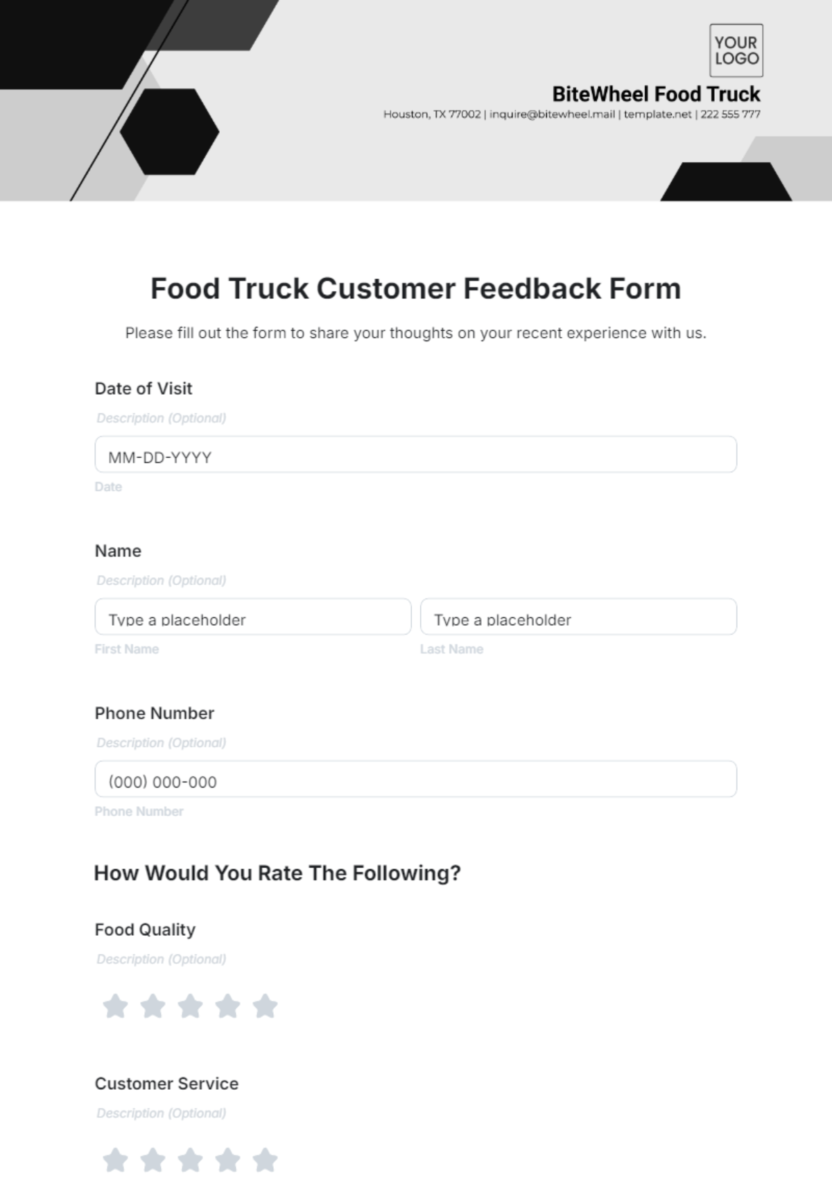 Food Truck Customer Feedback Form Template - Edit Online & Download