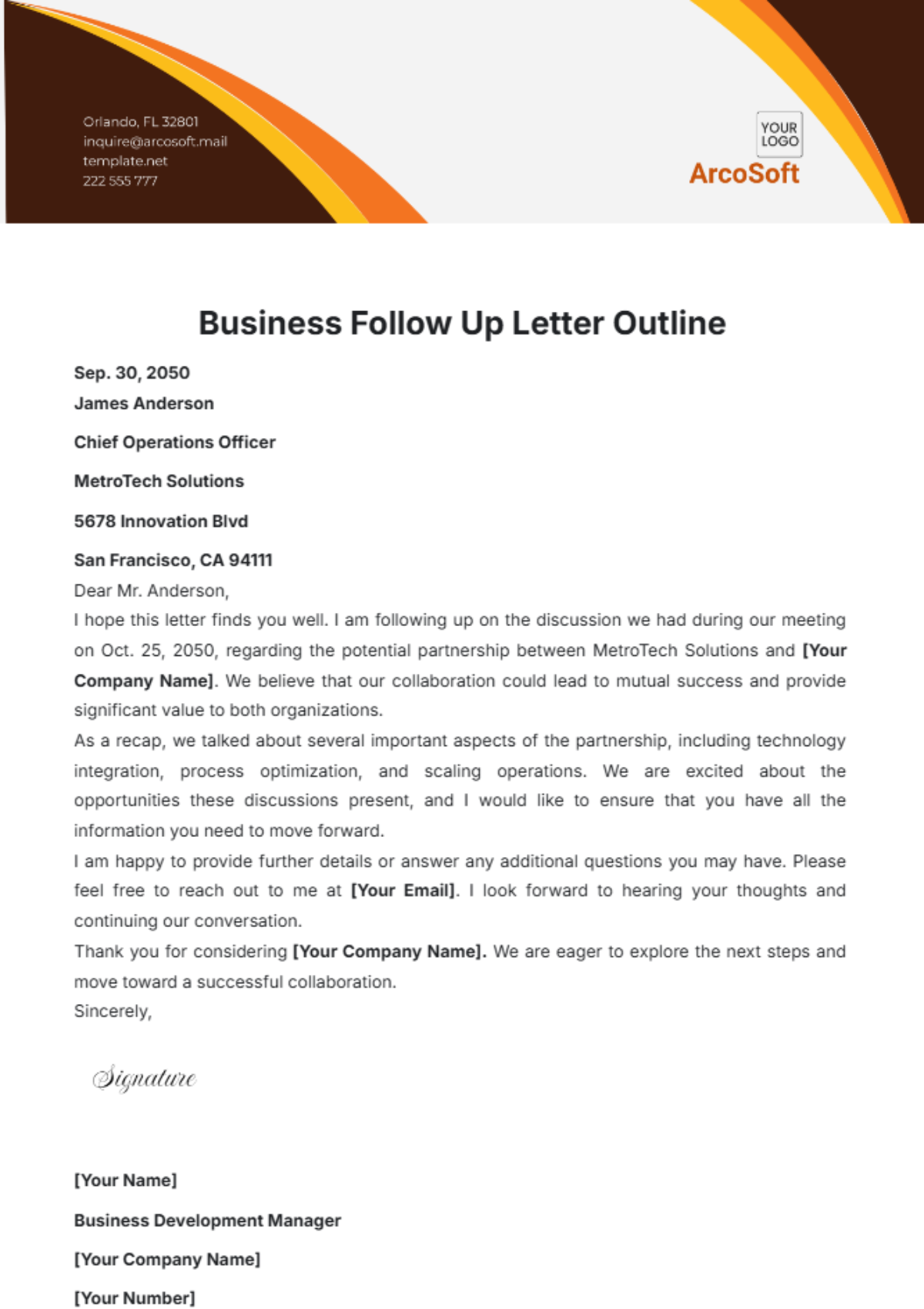 Business Follow Up Letter Outline Template - Edit Online & Download