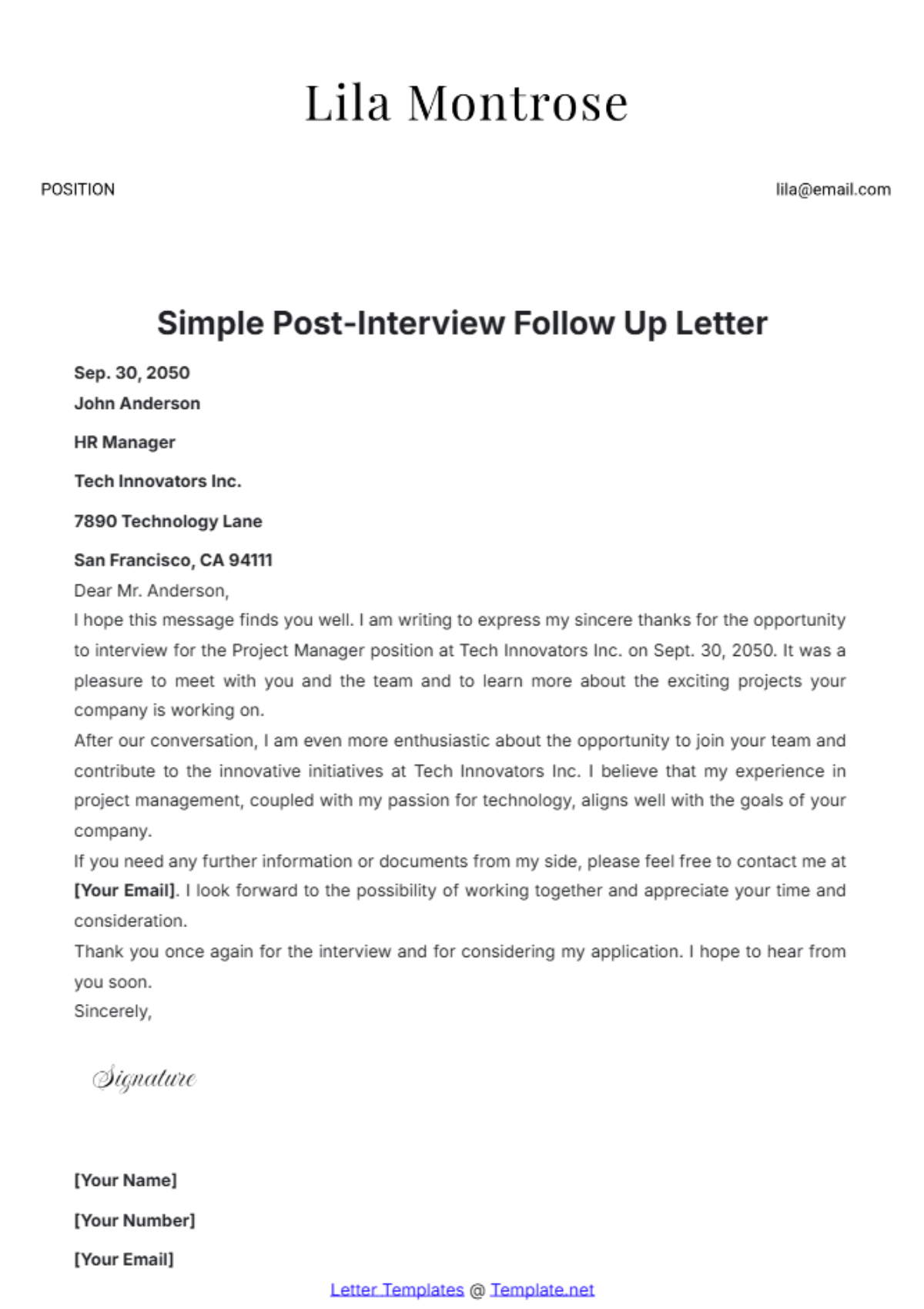 Simple Post-Interview Follow Up Letter Template - Edit Online & Download