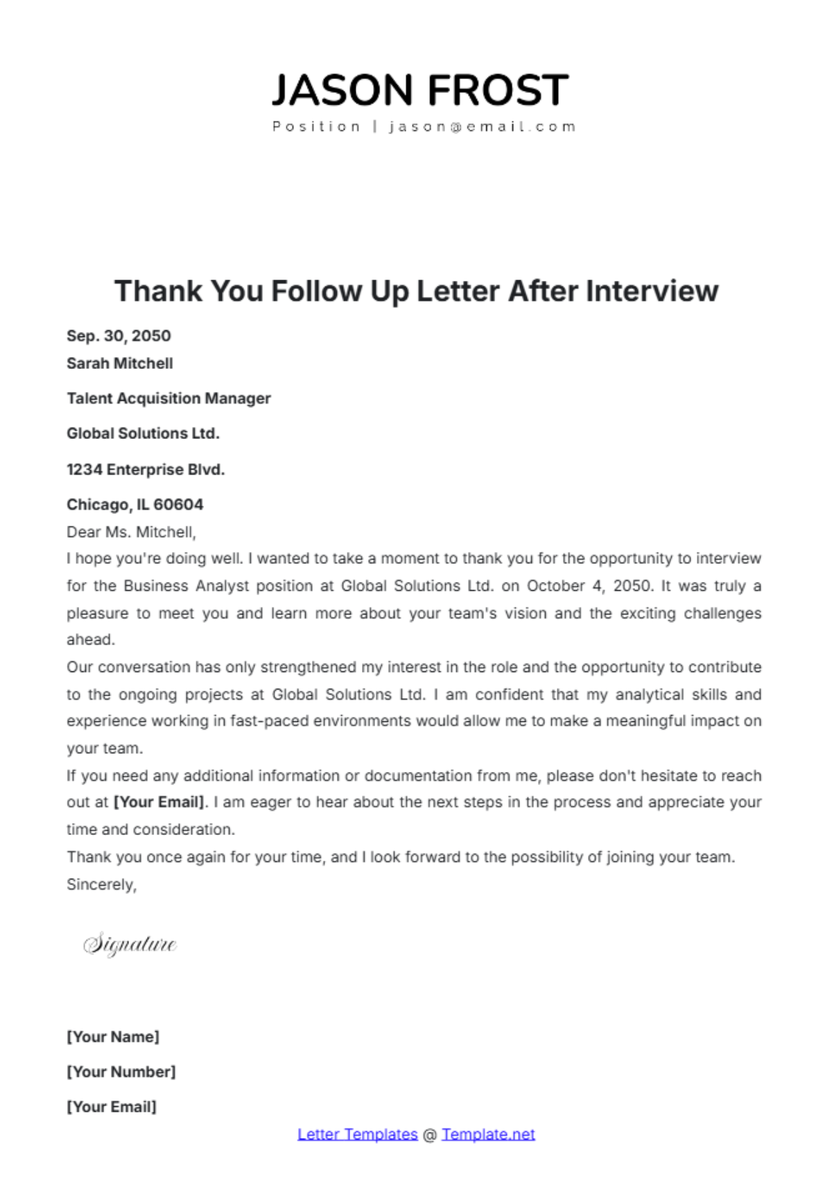 Thank You Follow Up Letter After Interview Template - Edit Online & Download