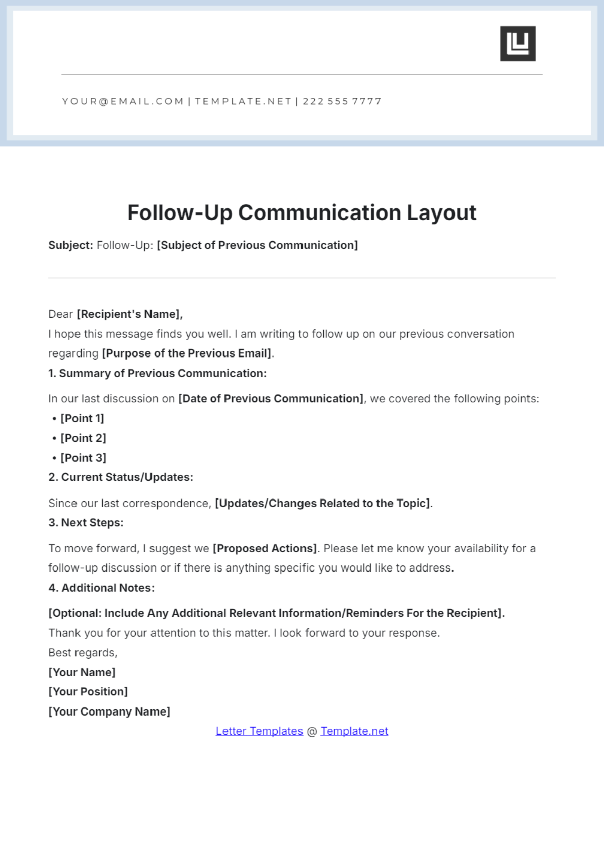 Follow Up Communication Layout Template - Edit Online & Download