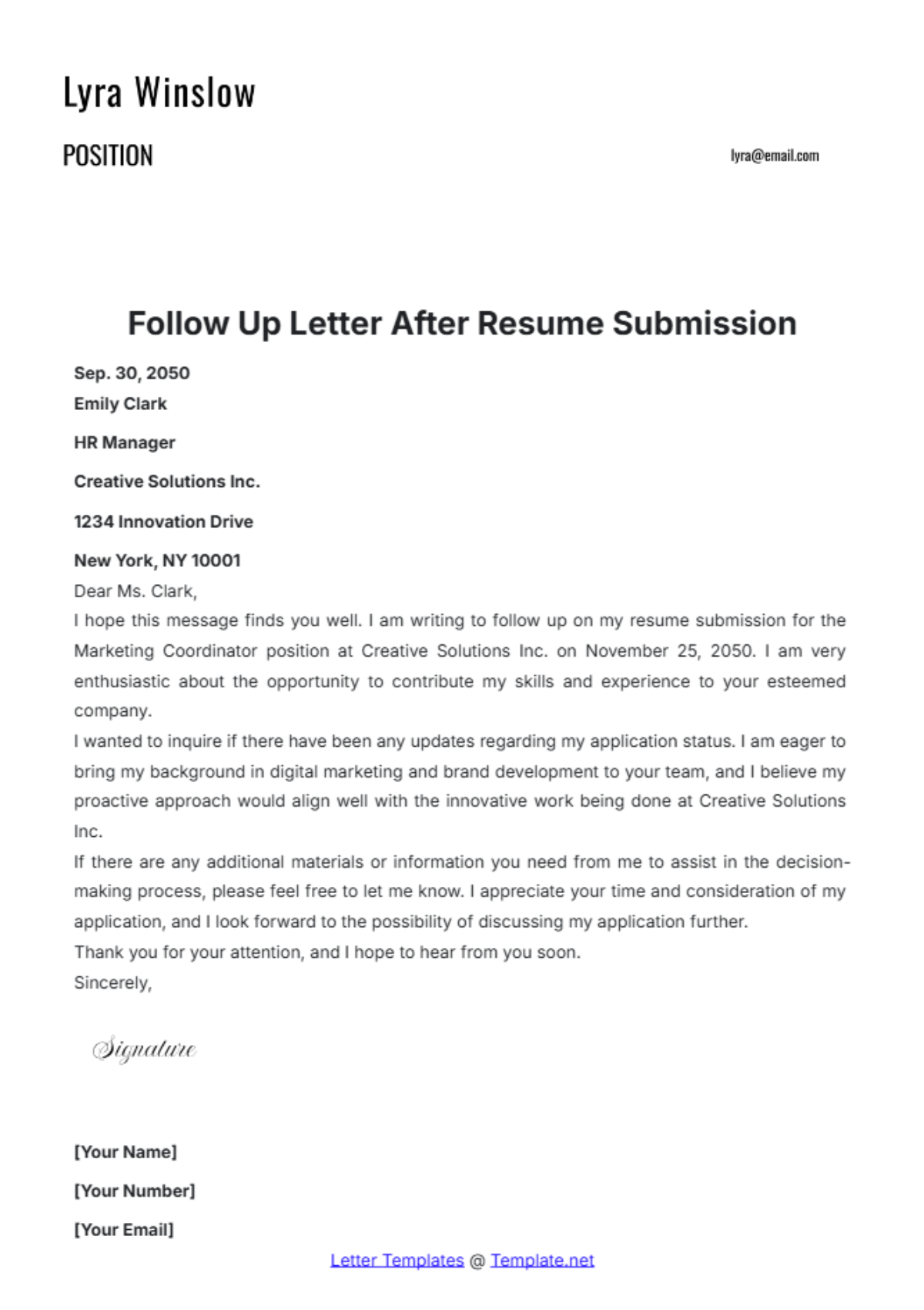 Follow Up Letter After Resume Submission Template - Edit Online & Download