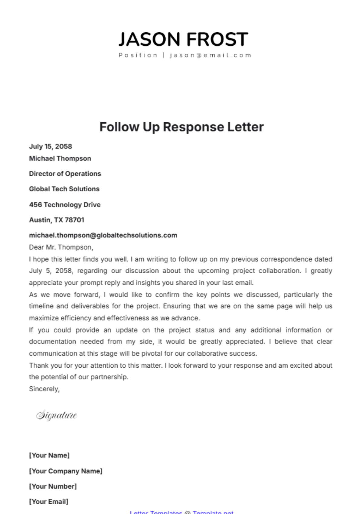 Follow Up Response Letter Template - Edit Online & Download