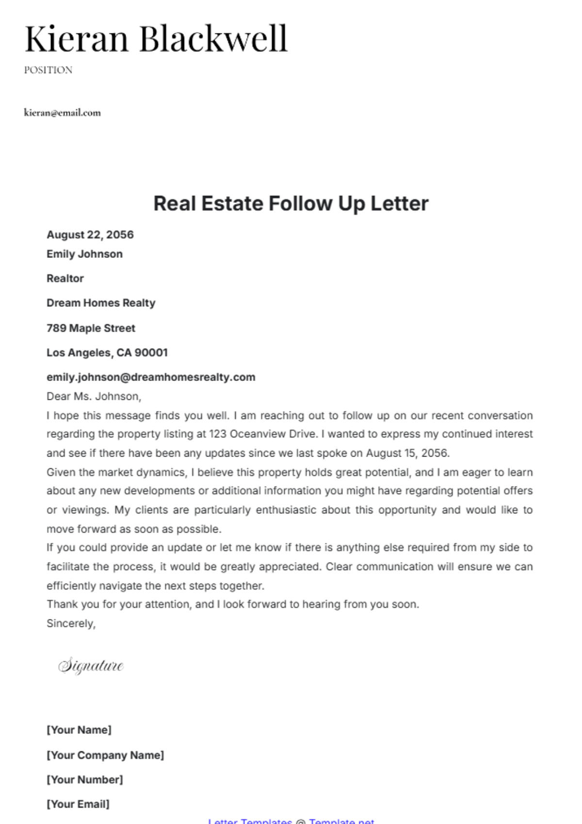 Real Estate Follow Up Letter Template - Edit Online & Download