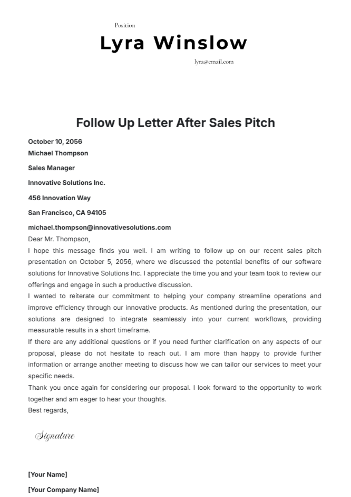 Follow Up Letter After Sales Pitch Template - Edit Online & Download