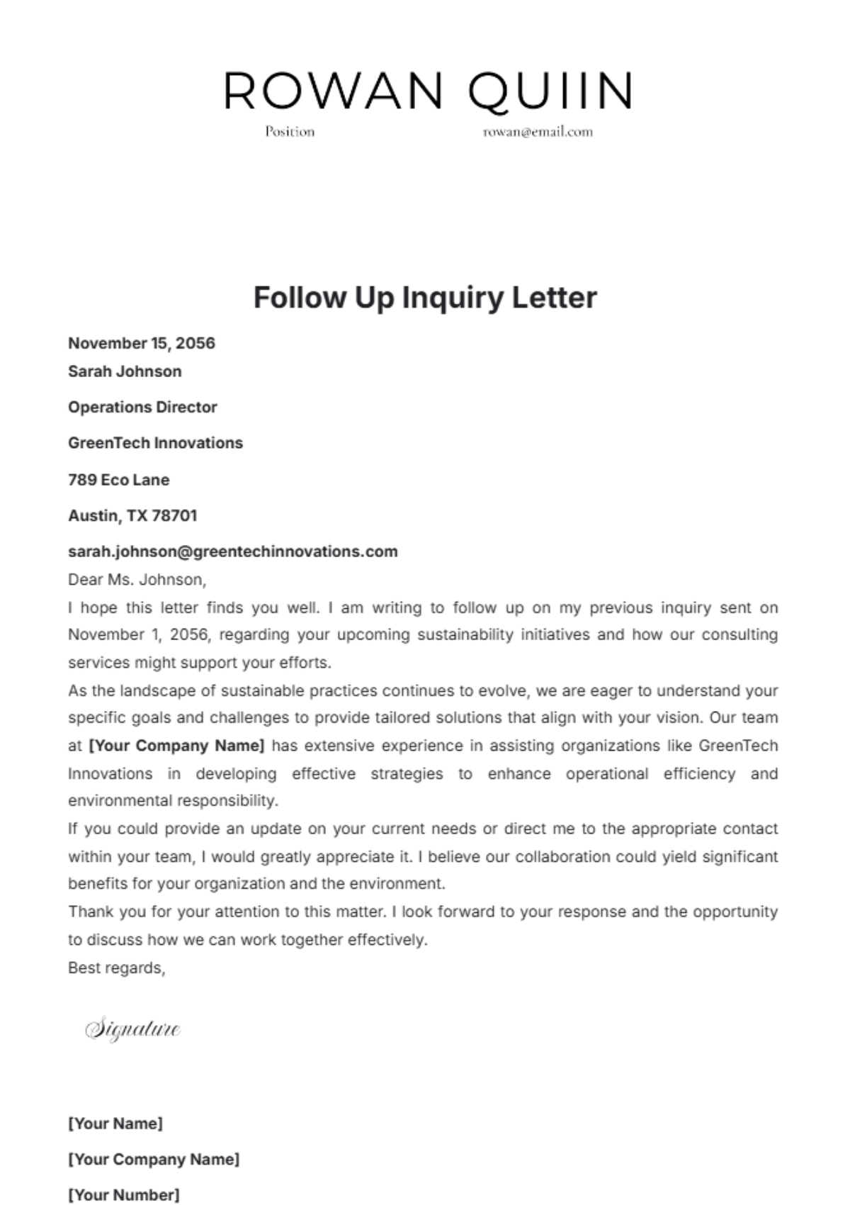 Follow Up Inquiry Letter Template - Edit Online & Download