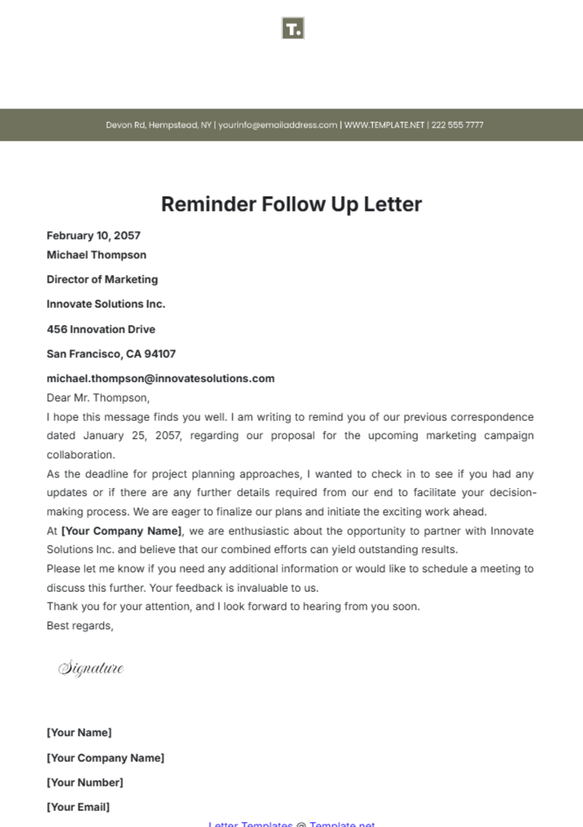 Reminder Follow Up Letter Template - Edit Online & Download