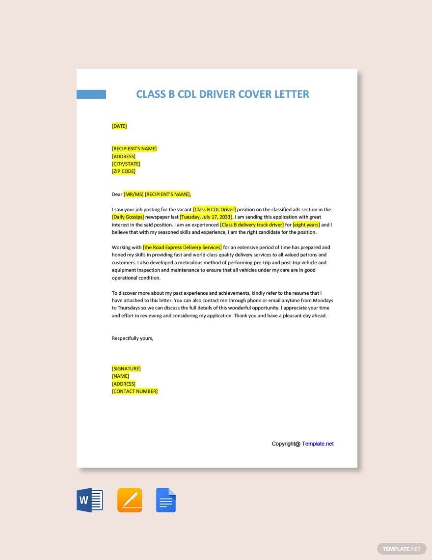Class B CDL Driver Cover Letter Template