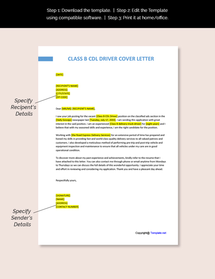 Class B CDL Driver Cover Letter Template