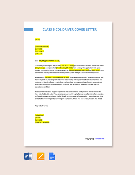 Class B CDL Driver Cover Letter