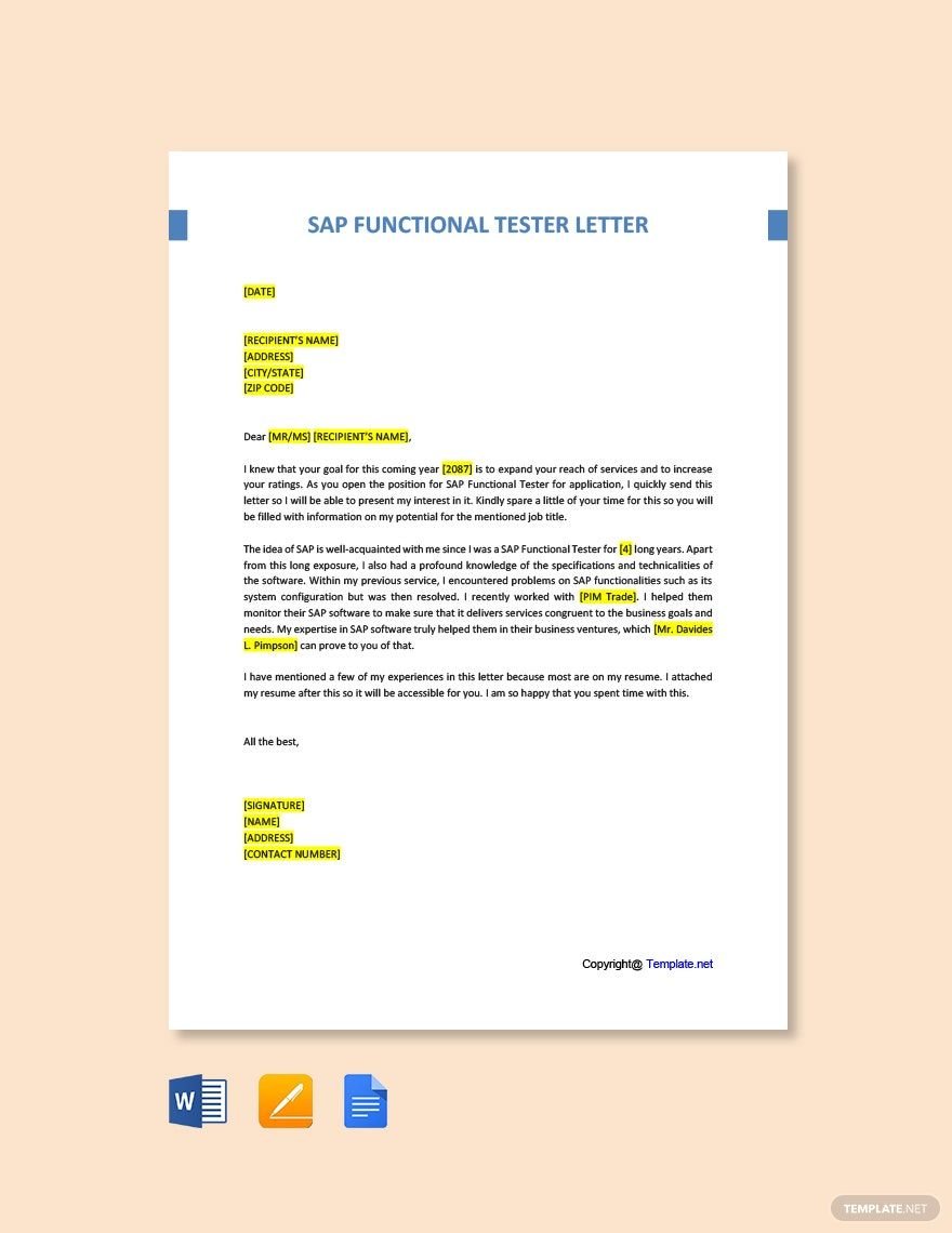 SAP Functional Tester Cover Letter