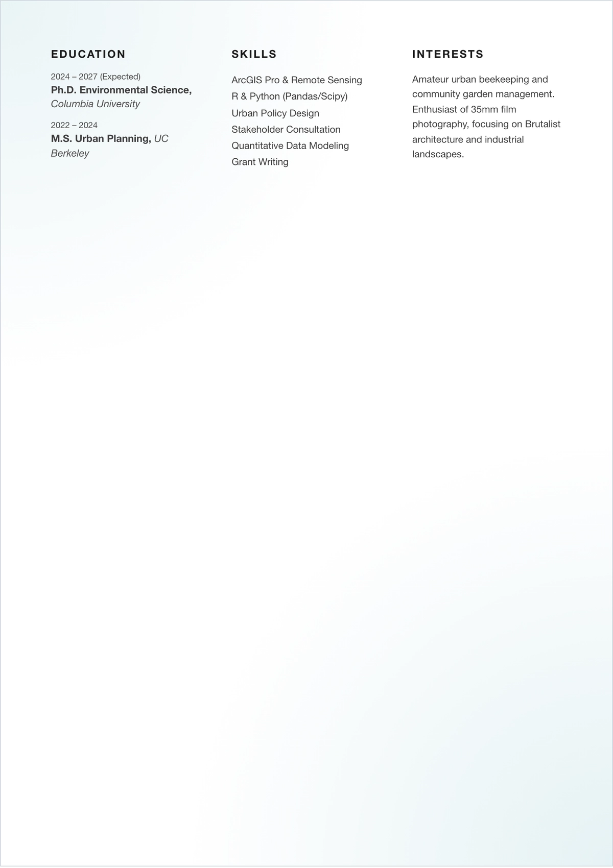 Free Sample Graduate Student Academic ATS CV Template, AI CV Builder