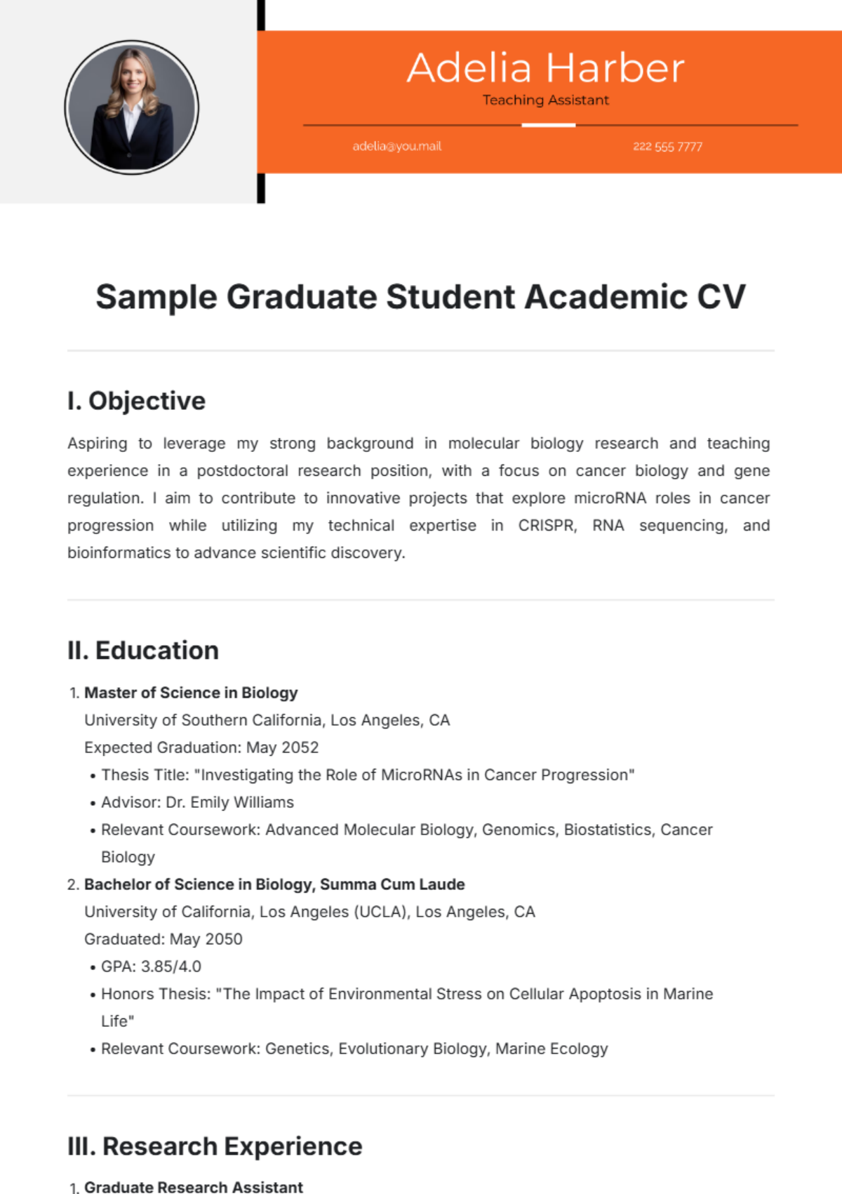 Sample Graduate Student Academic CV Template