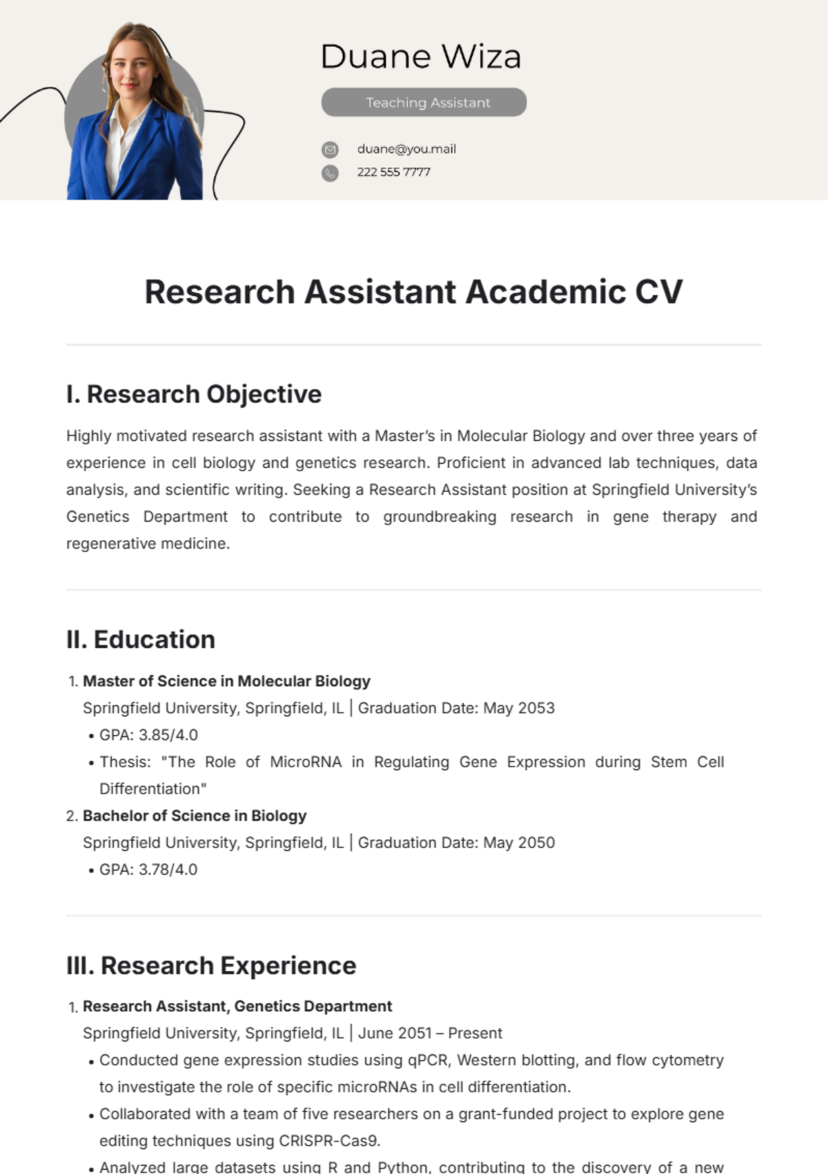 Research Assistant Academic CV Template - Edit Online & Download