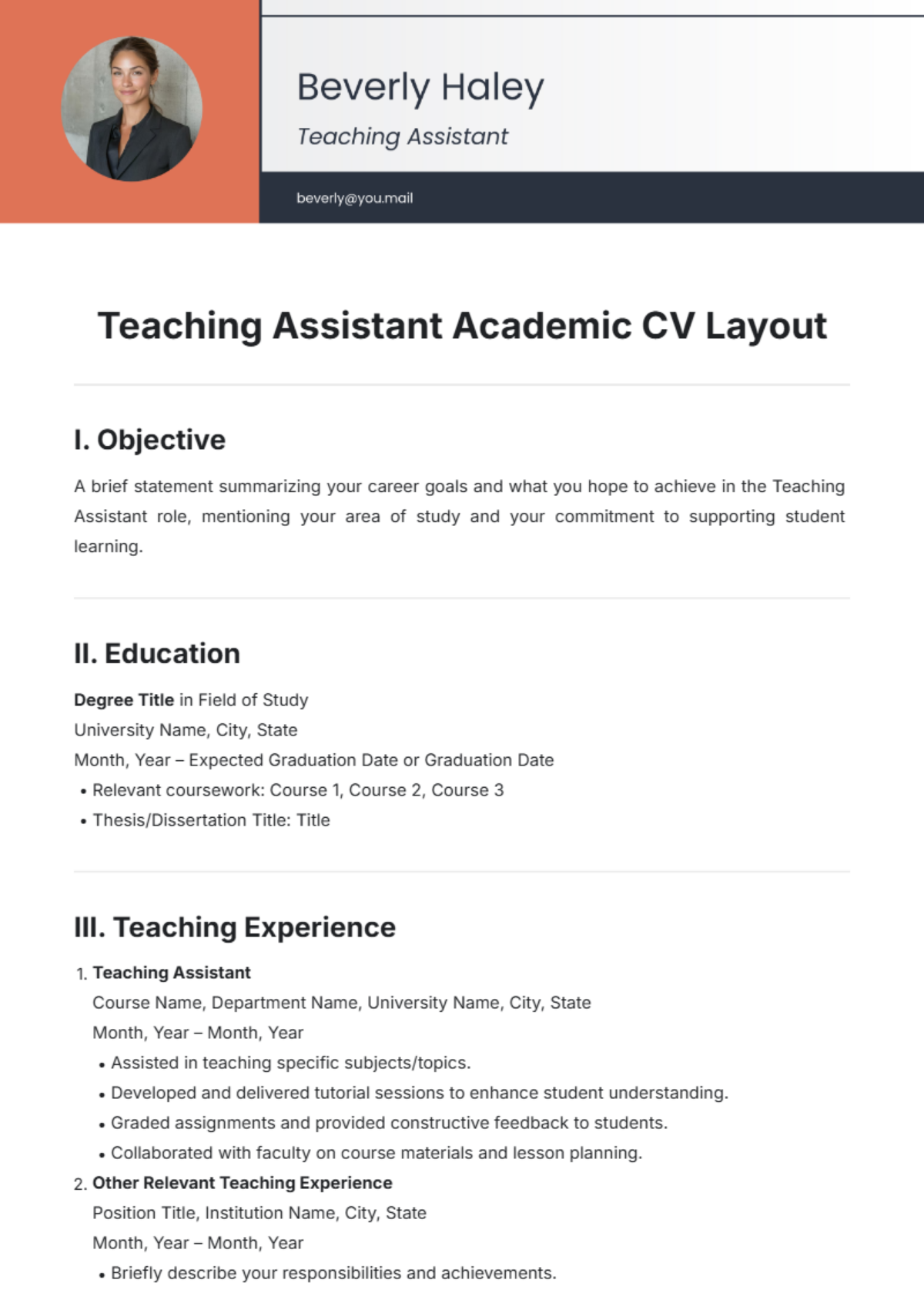 Teaching Assistant Academic CV Layout Template - Edit Online & Download