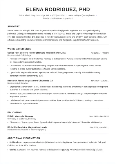 Free Academic ATS CV For Fellowship Applications Template