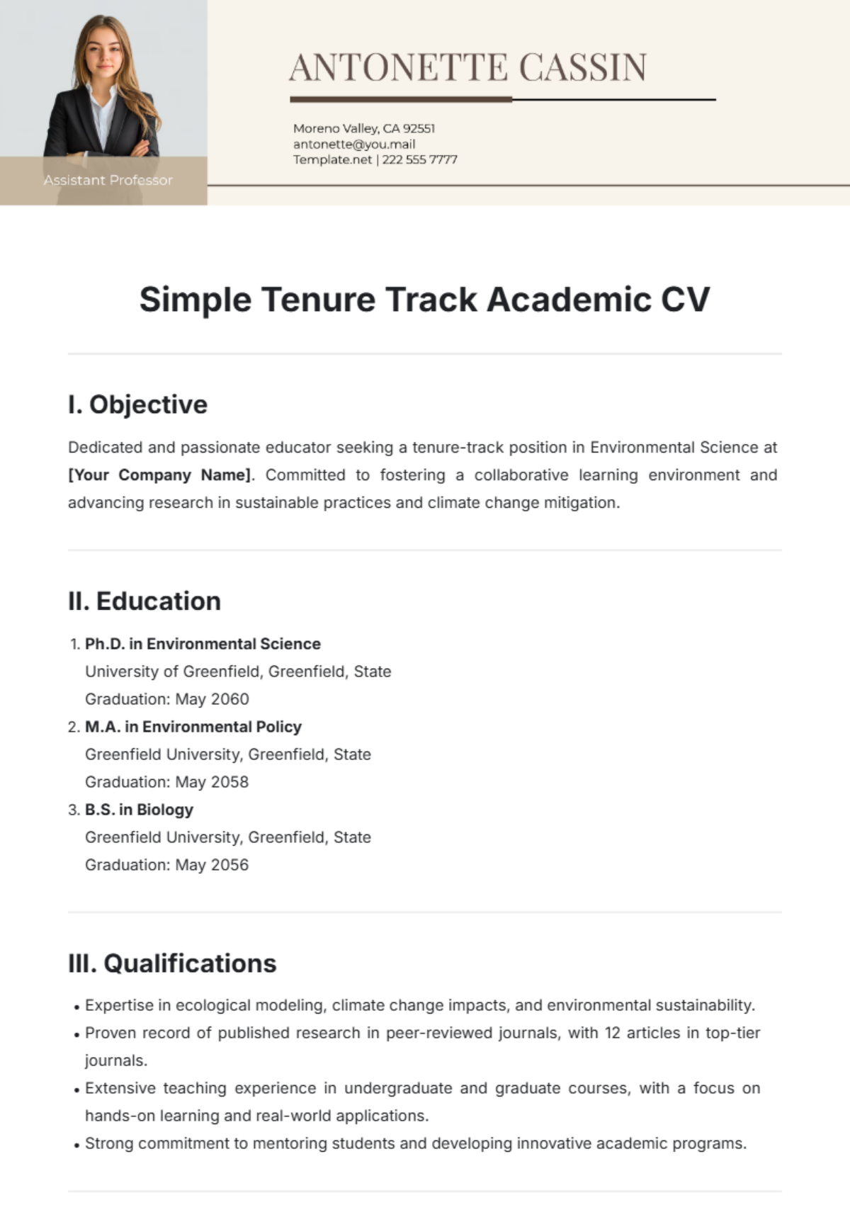 Simple Tenure Track Academic CV Template - Edit Online & Download