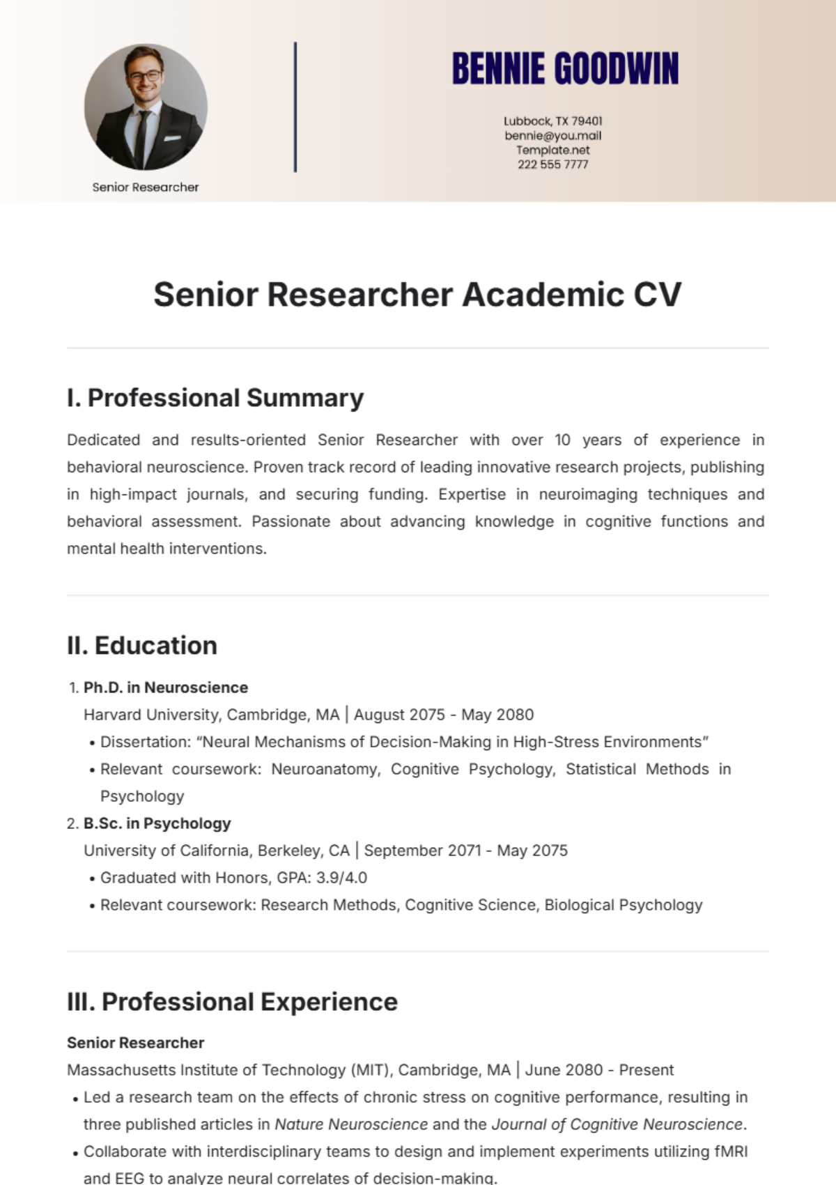 Senior Researcher Academic CV Template - Edit Online & Download