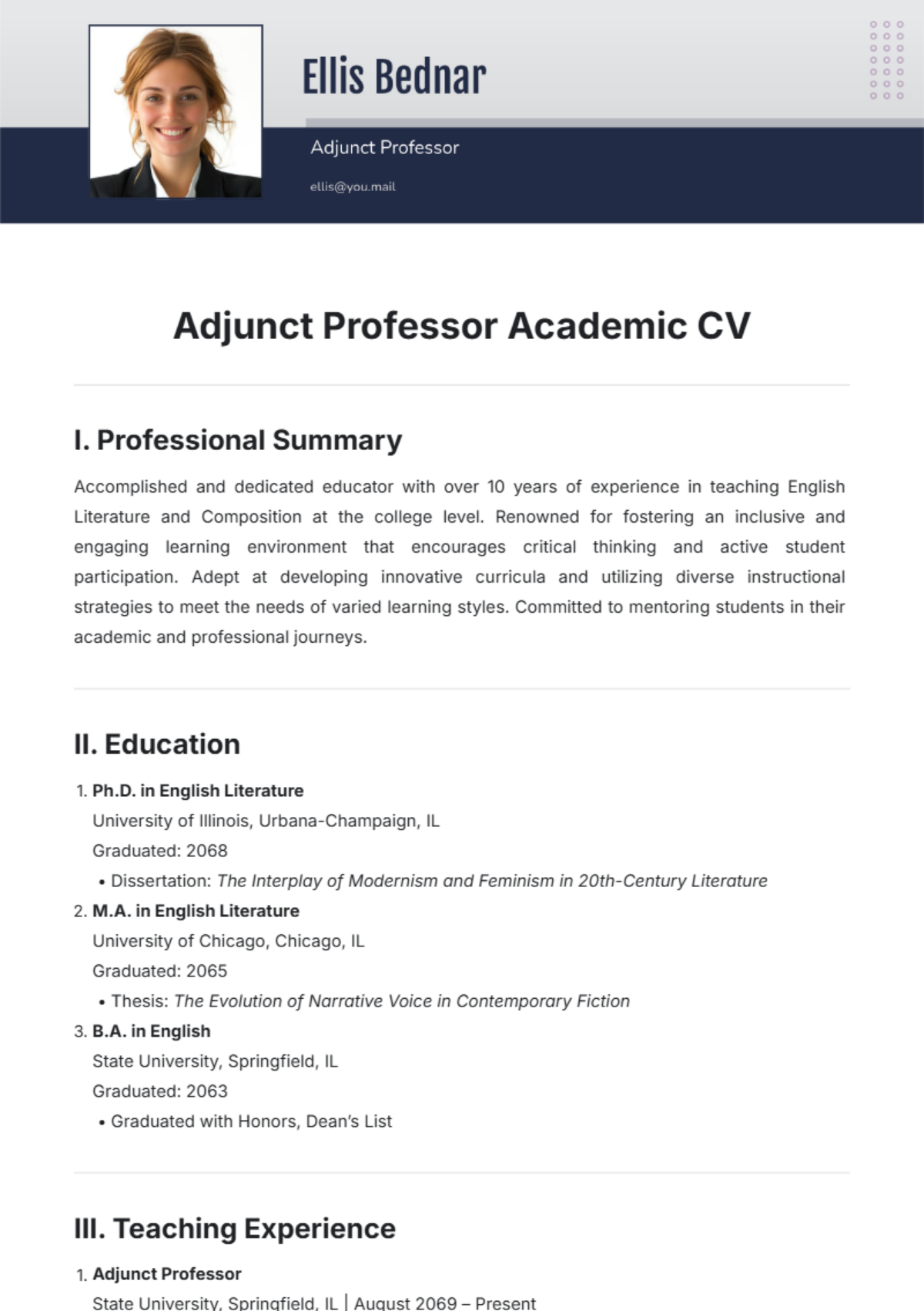 Adjunct Professor Academic CV Template - Edit Online & Download