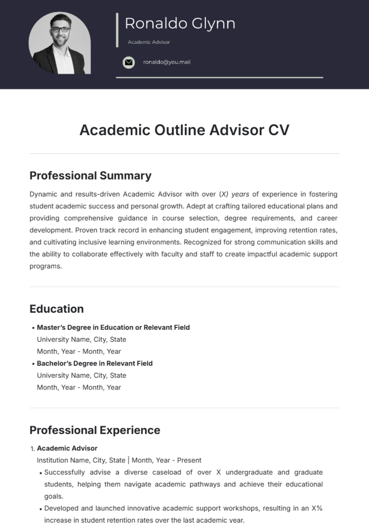 Academic Outline Advisor CV Template - Edit Online & Download