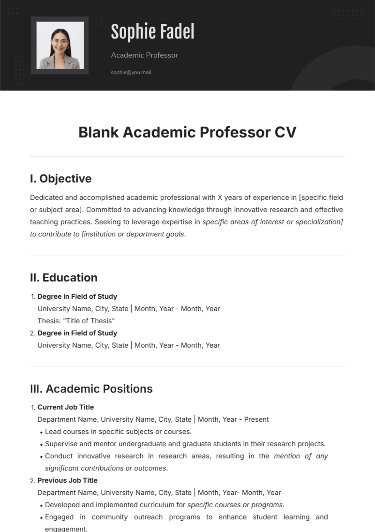 Blank Academic Professor CV Template - Edit Online & Download