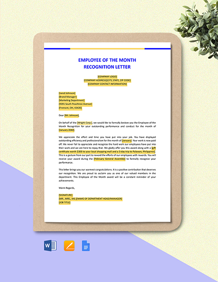 Employee Of The Month Recognition Letter Sample Database Letter 
