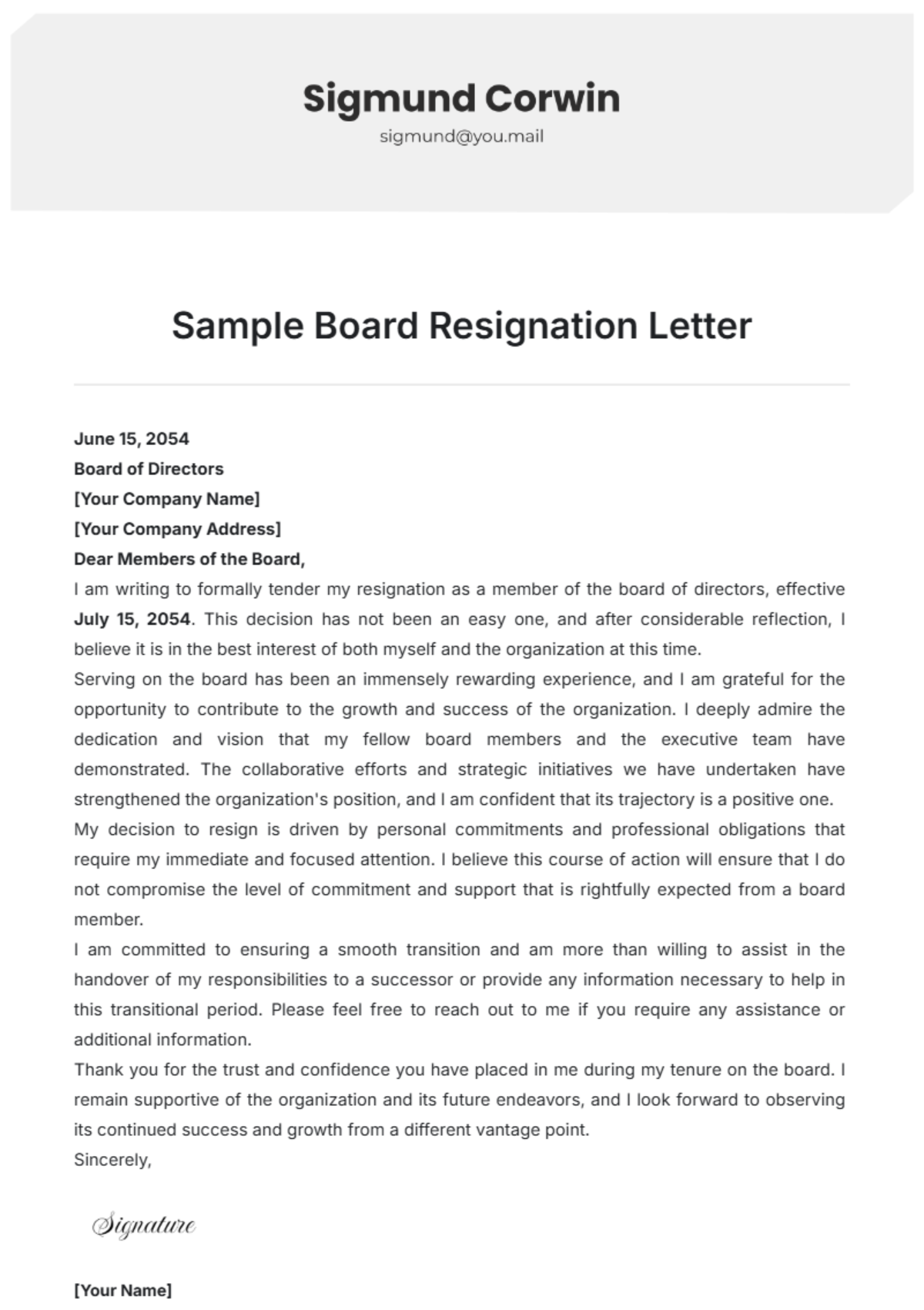 Sample Board Resignation Letter Template