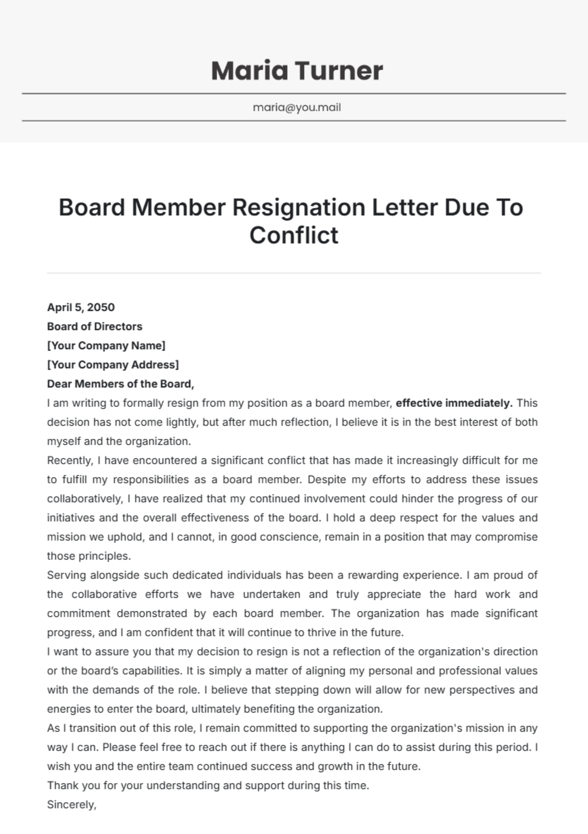 Board Member Resignation Letter Due To Conflict Template