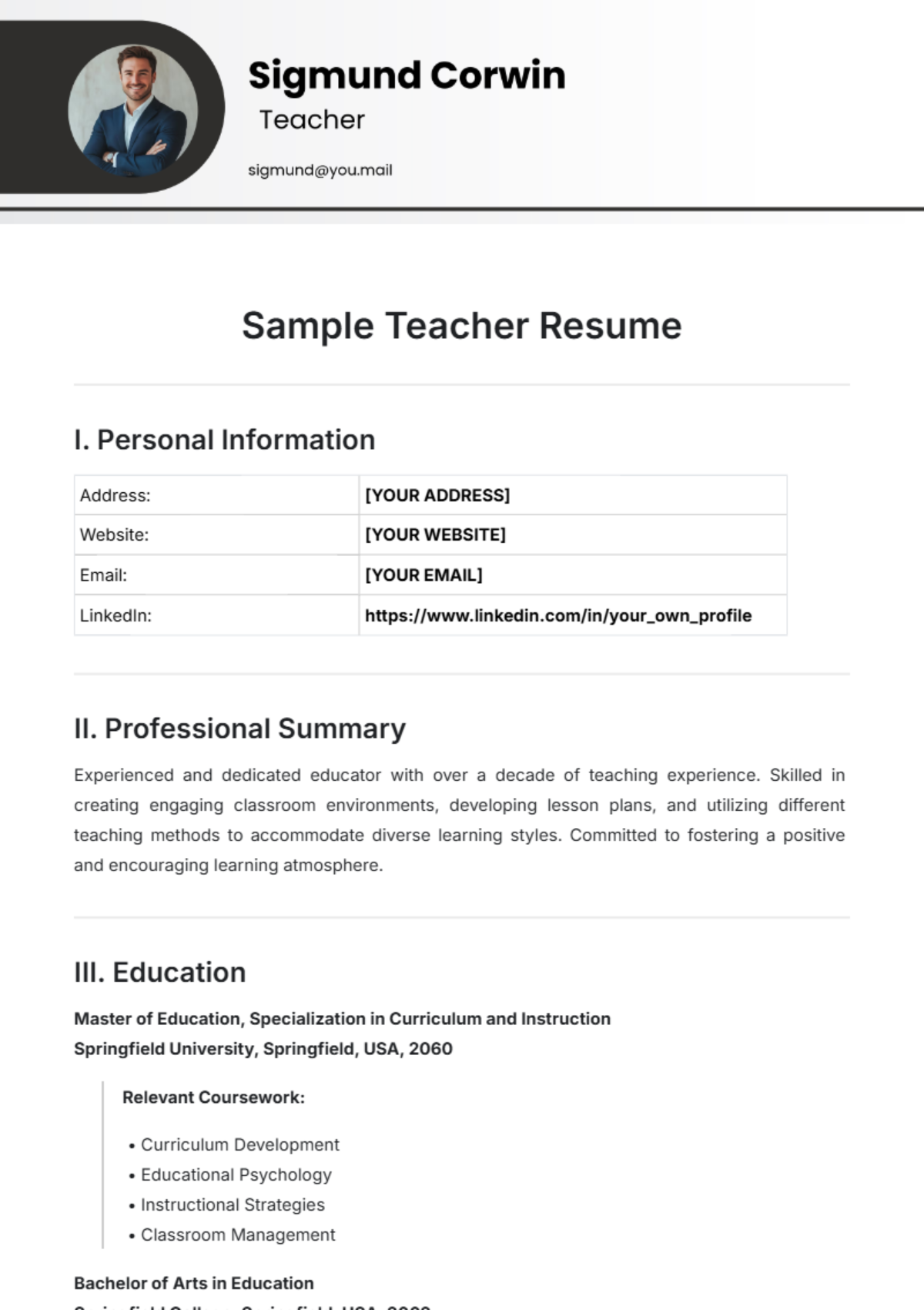 Sample Teacher Resume Template - Edit Online & Download