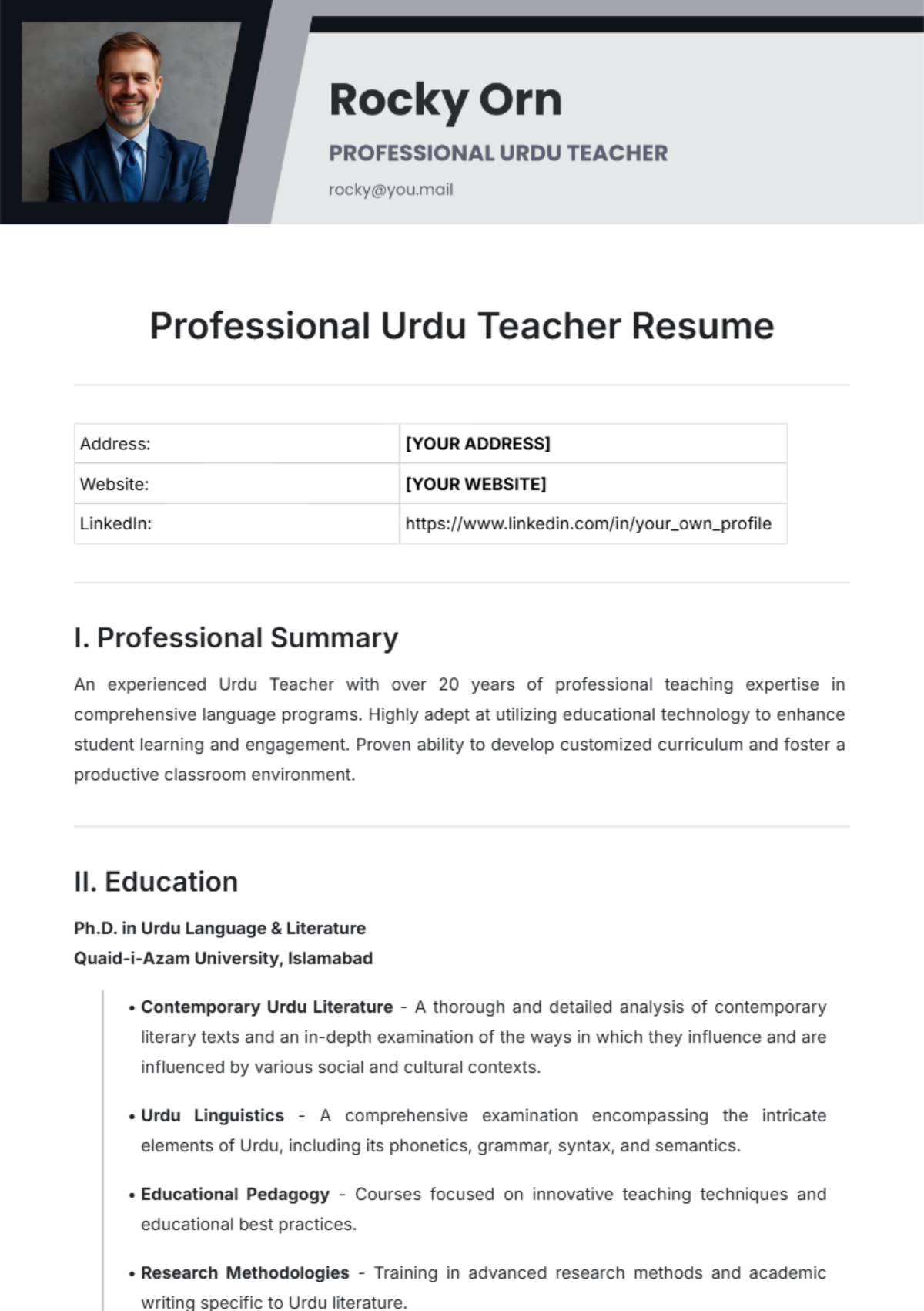 Professional Urdu Teacher Resume Template - Edit Online & Download