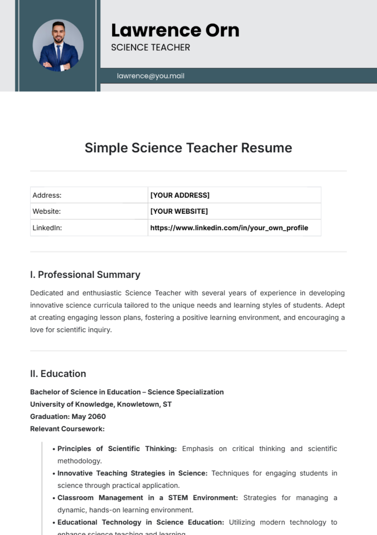 Simple Science Teacher Resume Template - Edit Online & Download