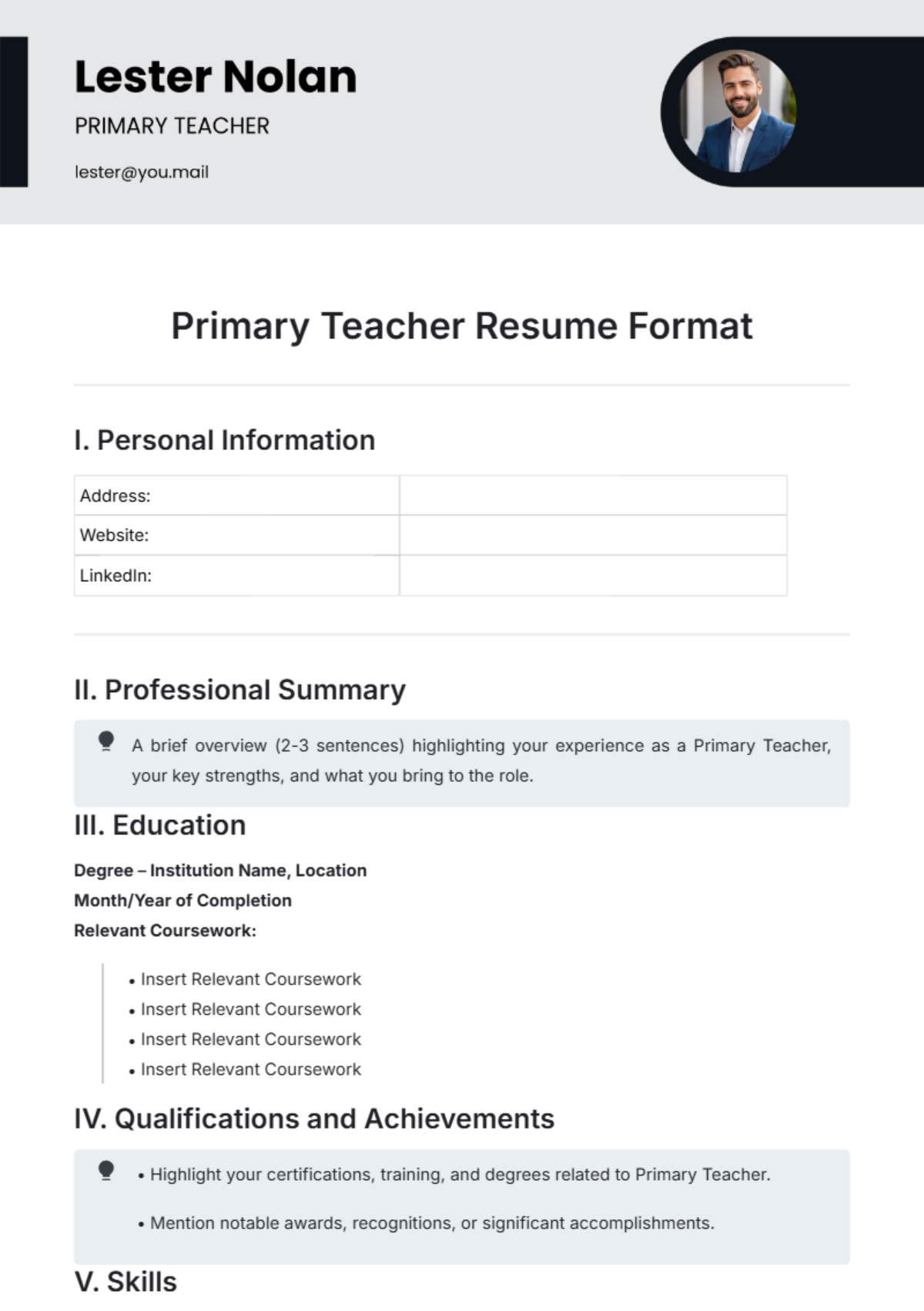 Primary Teacher Resume Format Template - Edit Online & Download