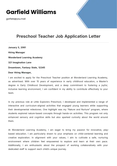Free Preschool Teacher Job Application Letter Template to Edit Online