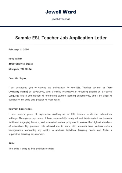 Free Sample ESL Teacher Job Application Letter Template to Edit Online