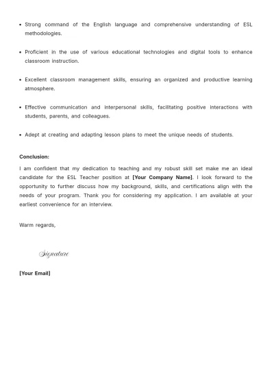 Free Sample ESL Teacher Job Application Letter Template to Edit Online