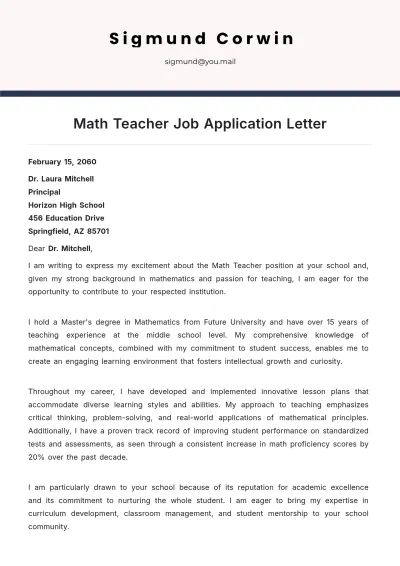 Free Math Teacher Job Application Letter Template to Edit Online