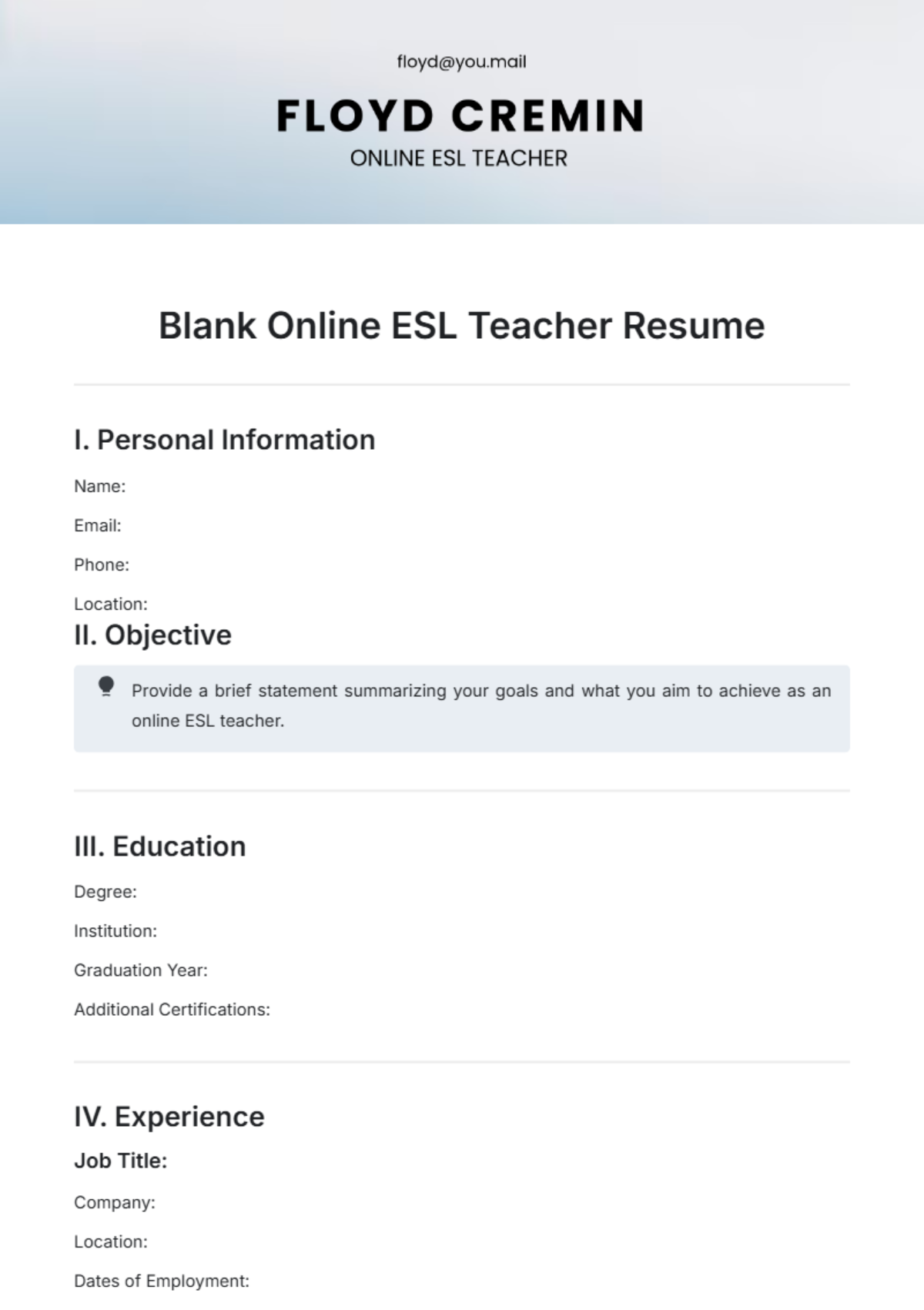 Blank Online ESL Teacher Resume Template - Edit Online & Download